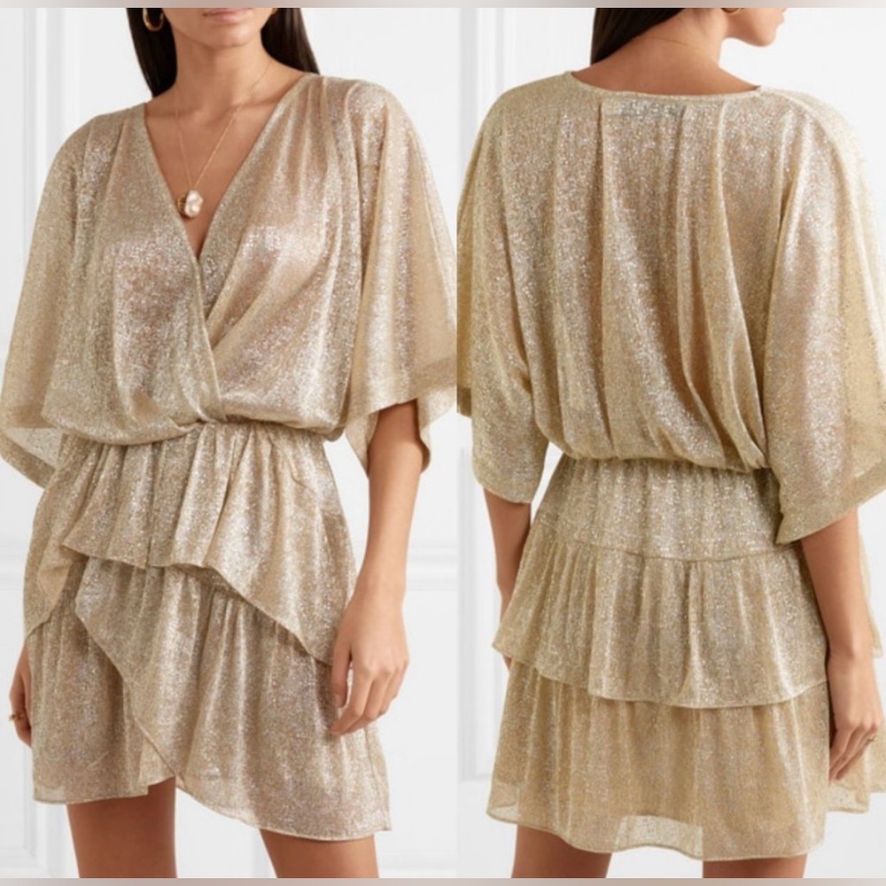 IRO Ruffled Gold Lame Wide Tiered Mini Dress - Picture 2 of 6